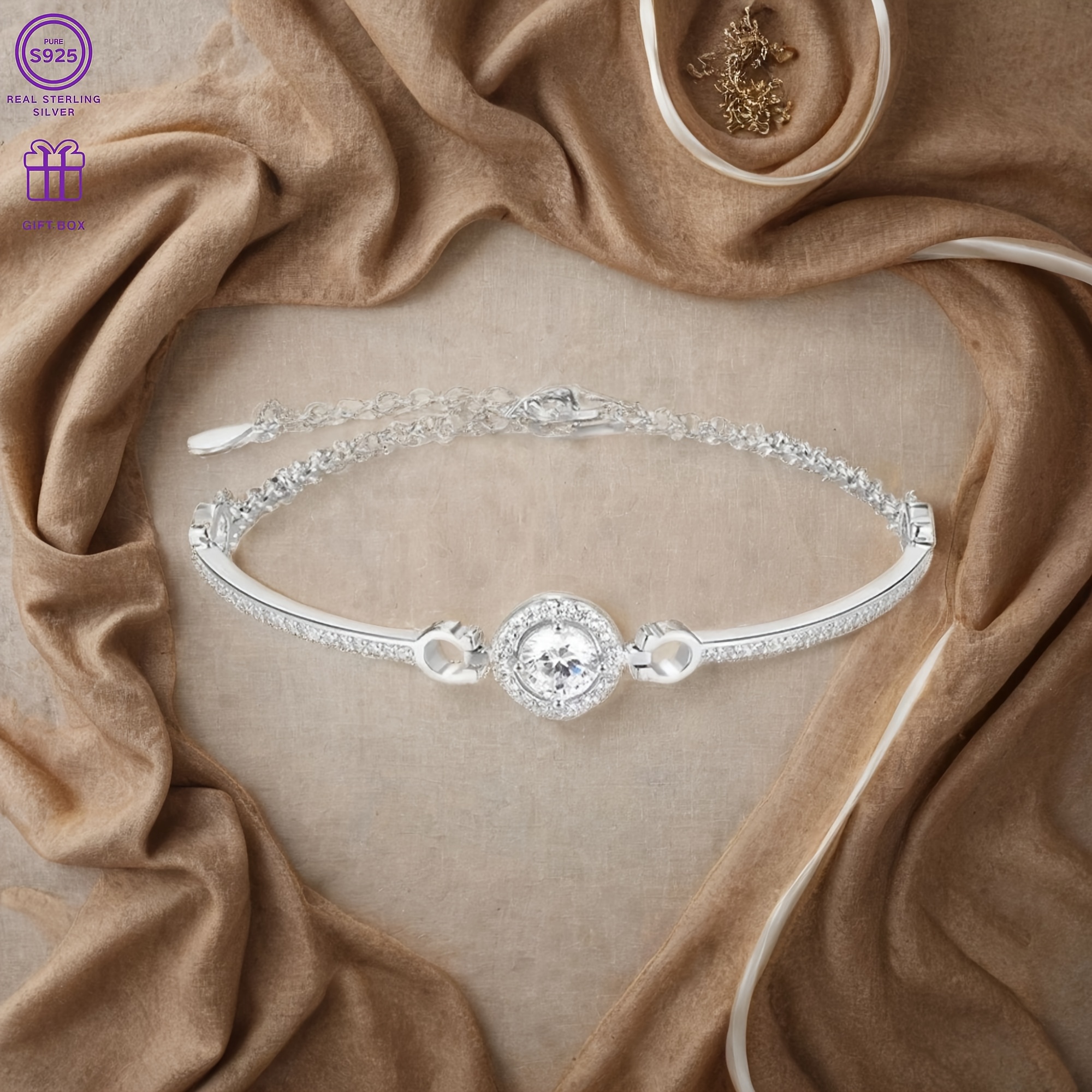 S925 Silver Sun Bracelet with Clear Zirconia Charm
